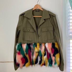 SHEIN Military Jacket with Multi-Color Faux Fur